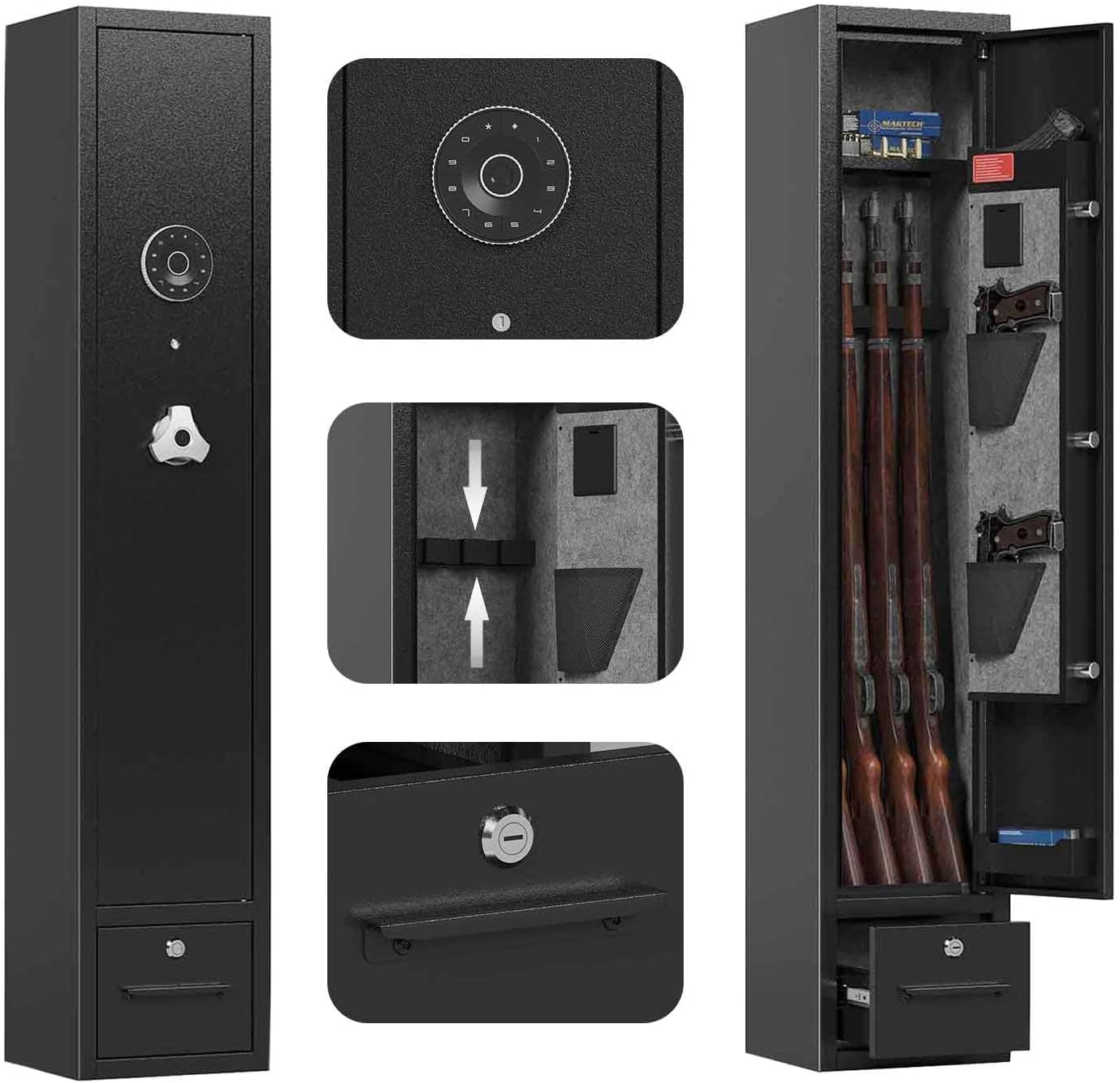 4-6 Gun Safes for Home Rifle and Pistols, Fireproof Gun Safe for Rifles and Pistols with 2 Removable Gun Racks and 2 Pistol Pockets, Gun Cabinet with Password Lock for Home,Office,Bedroom (S)