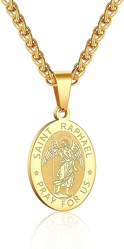 P. BLAKE Oval Saint Christopher/Michael/Joseph/Jude/Virgin Mary/Joseph/Francis/Patrick/Anthony/Benedict/Thomas Necklace for Men Women, Stainless Steel Catholic Patron Pendant with Chain 24 Inches