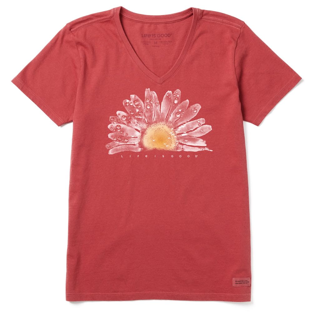 Life Is Good Women's Crusher T, Short Sleeve Cotton Graphic Tee Shirt, Watercolor Daisy Birds, Faded Red, XS