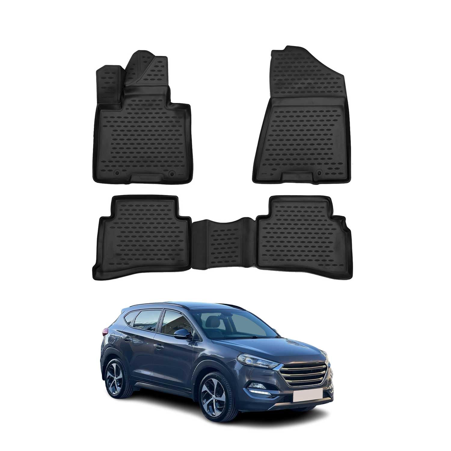Tappetini su misura per auto Hyundai Tucson 2021-2025 IBRIDO, set di 4 tappetini per pavimento, neri con rifiniture nere e 2 clip di sicurezza