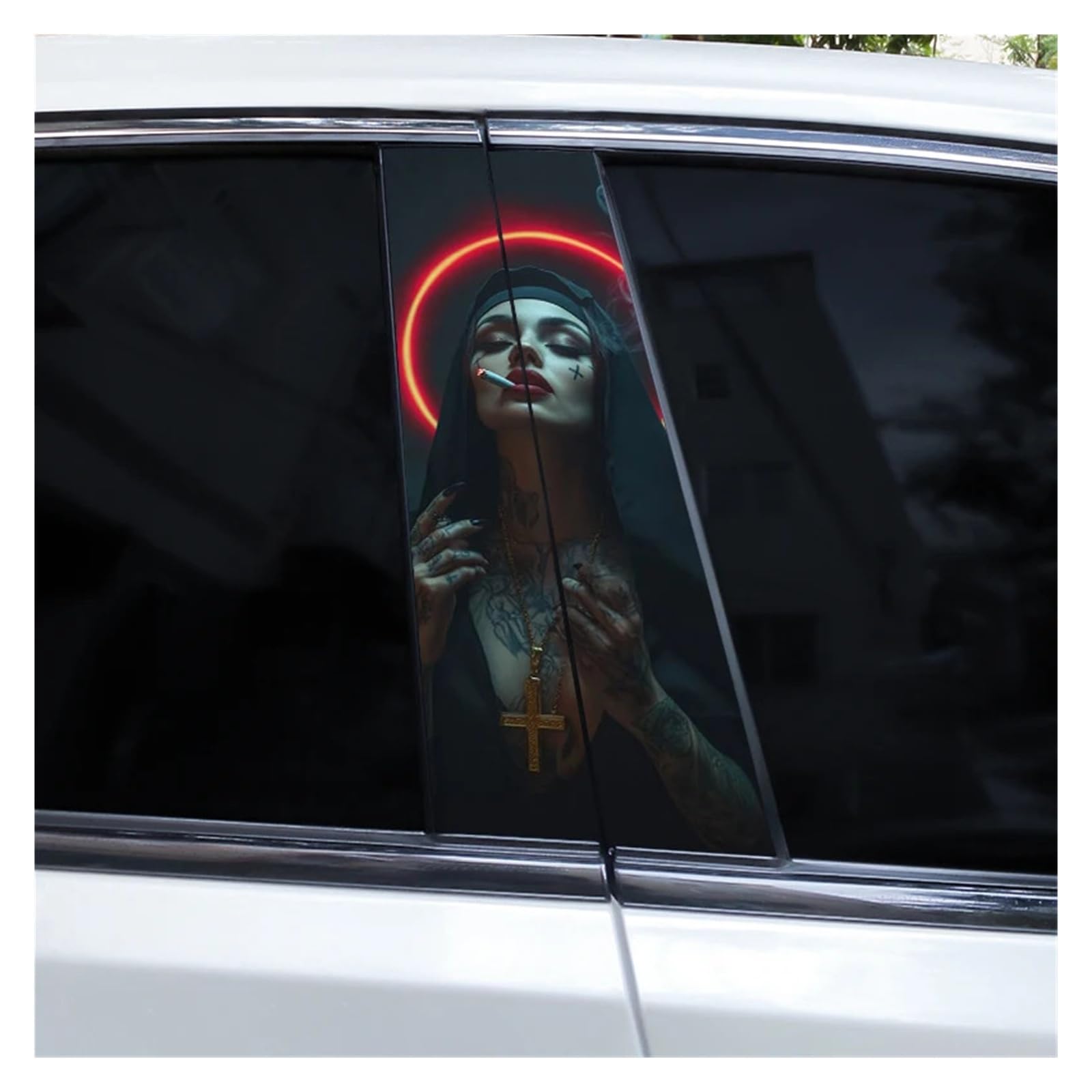 Car Side Decals 2pcs Cross Nun Sticker Car Doorpost Decal Waterproof Sunscreen for B-Pillar Door Decoration(Style I)