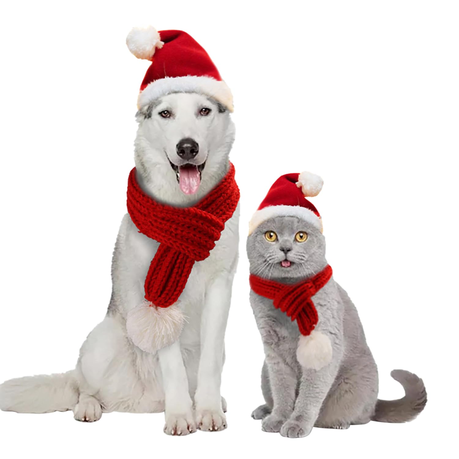 Christmas Santa Hat and Scarf Set for Small Dogs Puppies Cats - 2PCS Adjustable Santa Hat and Knitted Scarf, Fall Winter Beck Warmer Cute Costume Outfit for Holiday Party (M)