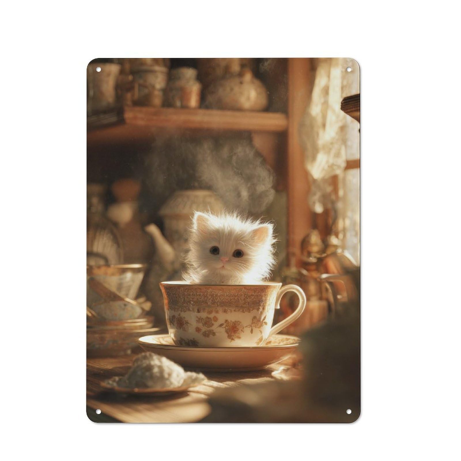 Junmoney Kitten In A Teacup Metal Wall Plaque With Design 40X30cm, Retro Novelty Wall Art For Bedroom, Kitchen, Office Or Living Room