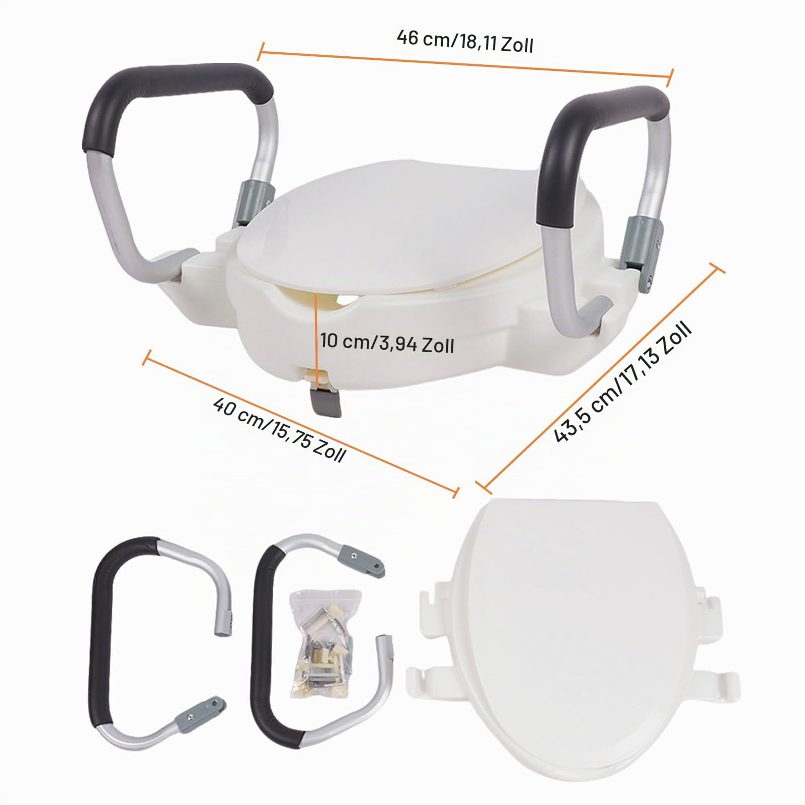 Toilettensitzerhöhung für Erwachsene mit Armlehnen und Deckel, Erhöhter Toilettensitz für Erwachsene, Erhöhter Toilettensitz mit Deckel, Toillettenaufsatz für Senioren, Breite Einstellbar (10cm hoch)