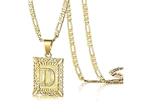Square Alphabet Figaro Chain 18K Gold Plated Pendant Necklace