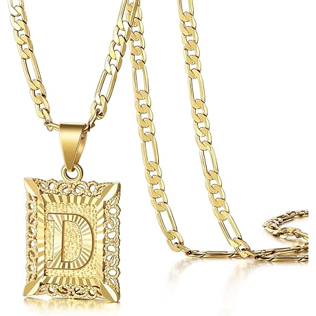 Square Alphabet Figaro Chain 18K Gold Plated Pendant Necklace