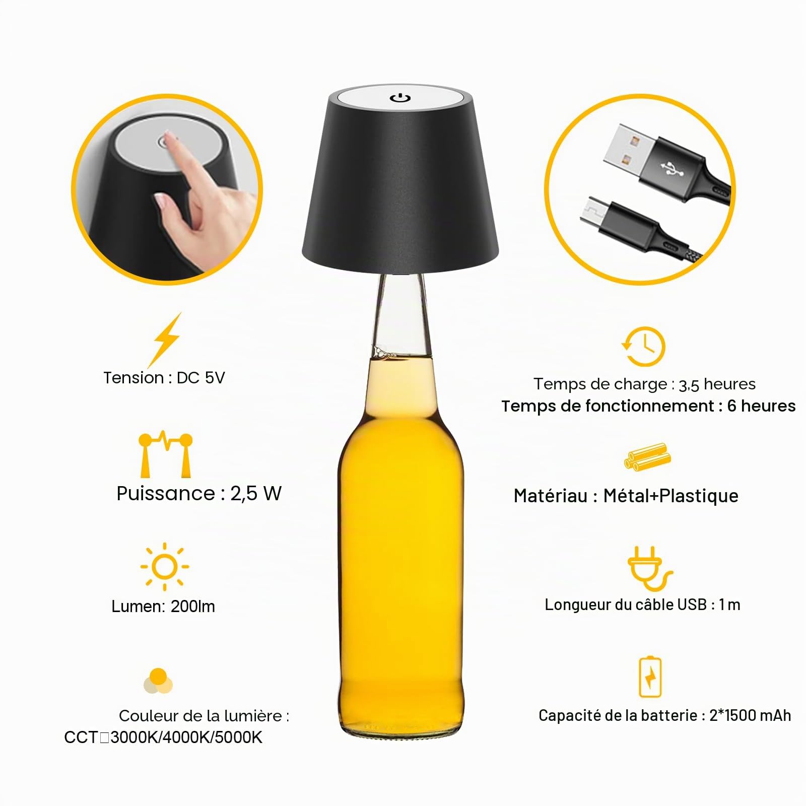 ANTELA Lampe de Table Sans Fil Rechargeable 3000K/4000K/5000K Blanc Chaud/Froid Dimmable LED Intérieur Extérieur pour Table de Repas Balcon Jardin Terrasse, Noir, 2PCs