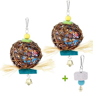 Bird Parrot Chewing Toys,Natural Rattan Ball Shredder Toy Cage Foraging Shredder Toy and Bird Beak Grinding Stone Lava Block Calcium Supplement for Budgie Lovebirds Conures Parakeet 2 Pack