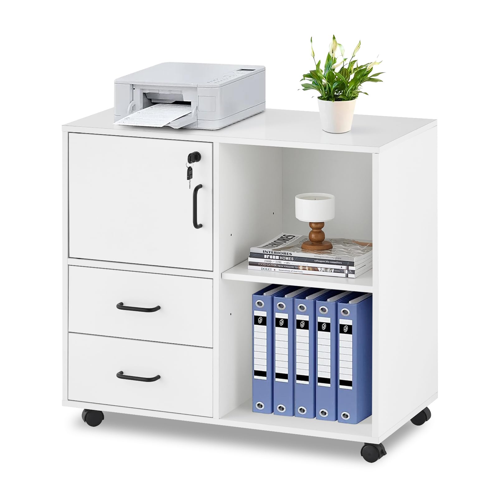CLIPOP Classeur Mobile à 2 Tiroirs avec Armoire de Rangement et Compartiments Ouverts Classeur latéral Classeur Vintage Format Lettre A4 Unité d'Organisation Porte-Impriman (Blanc)