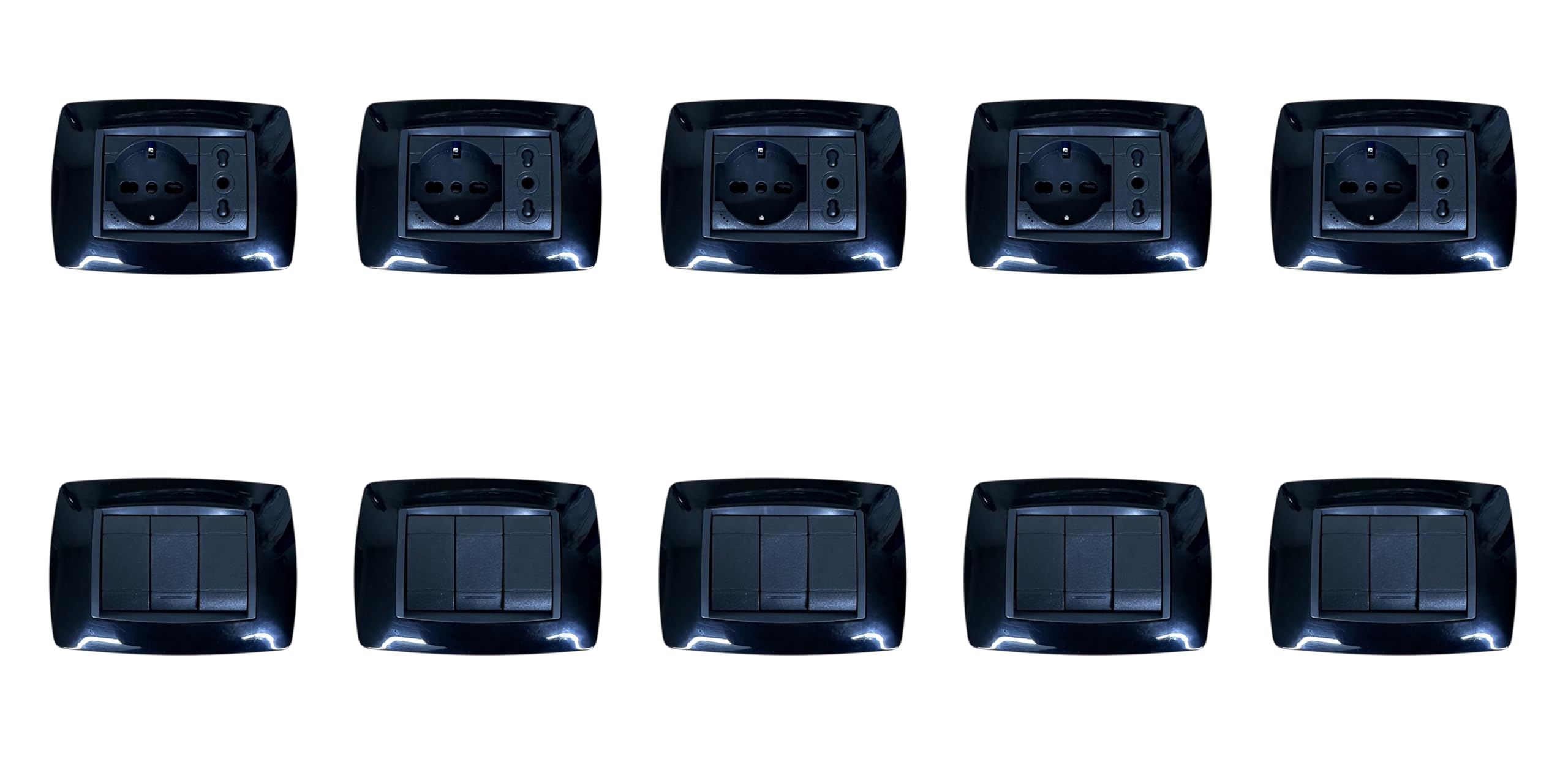 Di Tutto Per Tutti® 10 X Kit Incasso 503 Compatibile Con serie Living Light Con 10 Placche 3M, 10 Supporti 3M, 5 Schuko, 5 Bipasso, 5 Interruttori 1P, 10 Copriforo di Colore Nero