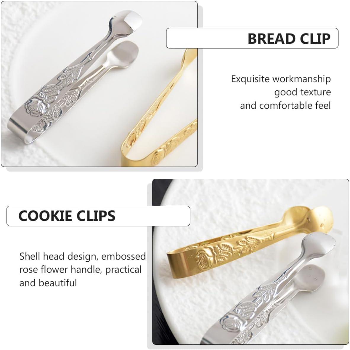 2Pcs Stainless Steel Ice Tongs Food Clips with Rose Flower Handles