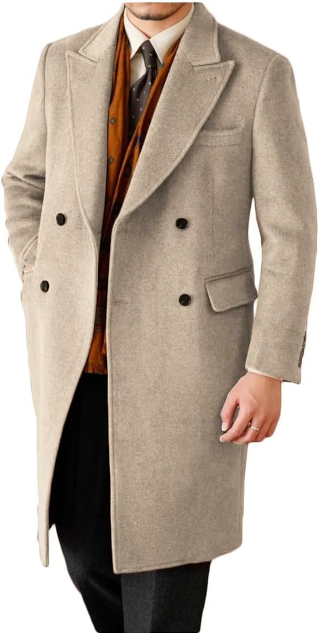ONAXTDA Mens Wool Blend Long Overcoat Double Breasted Pea Coat Peaked Lapel Knee Lenght Casual Jacket