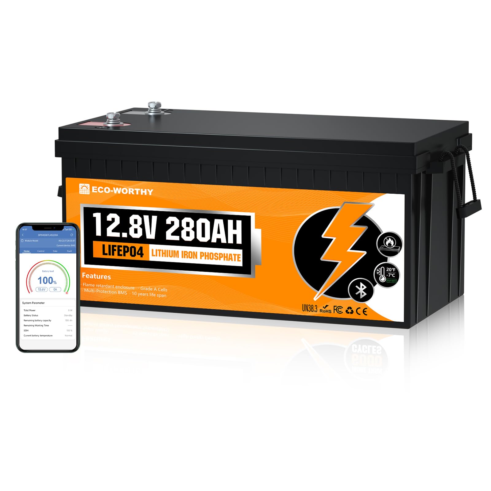 ECO-WORTHY 280AH 12V LiFePO4 Lithium Bluetooth Battery with Low-Temp Protection Built-in BMS 3584Wh Energy for Off-Grid Solar System Camping Trolling Motor RV