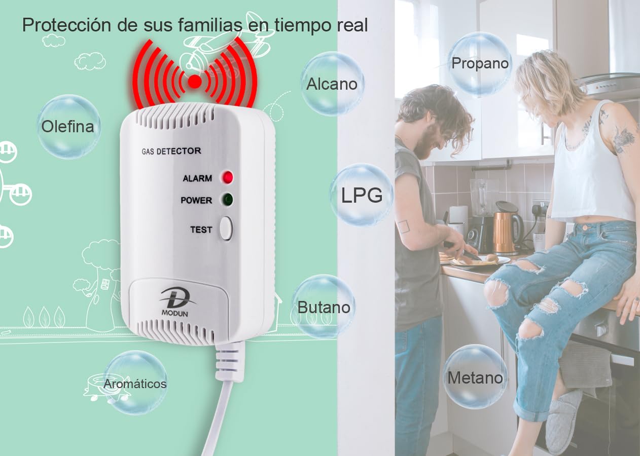 D MODUN - Detector de Gas, Fugas de Gas Natural/LPG/gas de Carbón, Monitor de Metano Propano Butano, Advertencia de luz Estroboscópica 100dB, Alarma de gas enchufable adecuado para Cocina, RV, Garaje