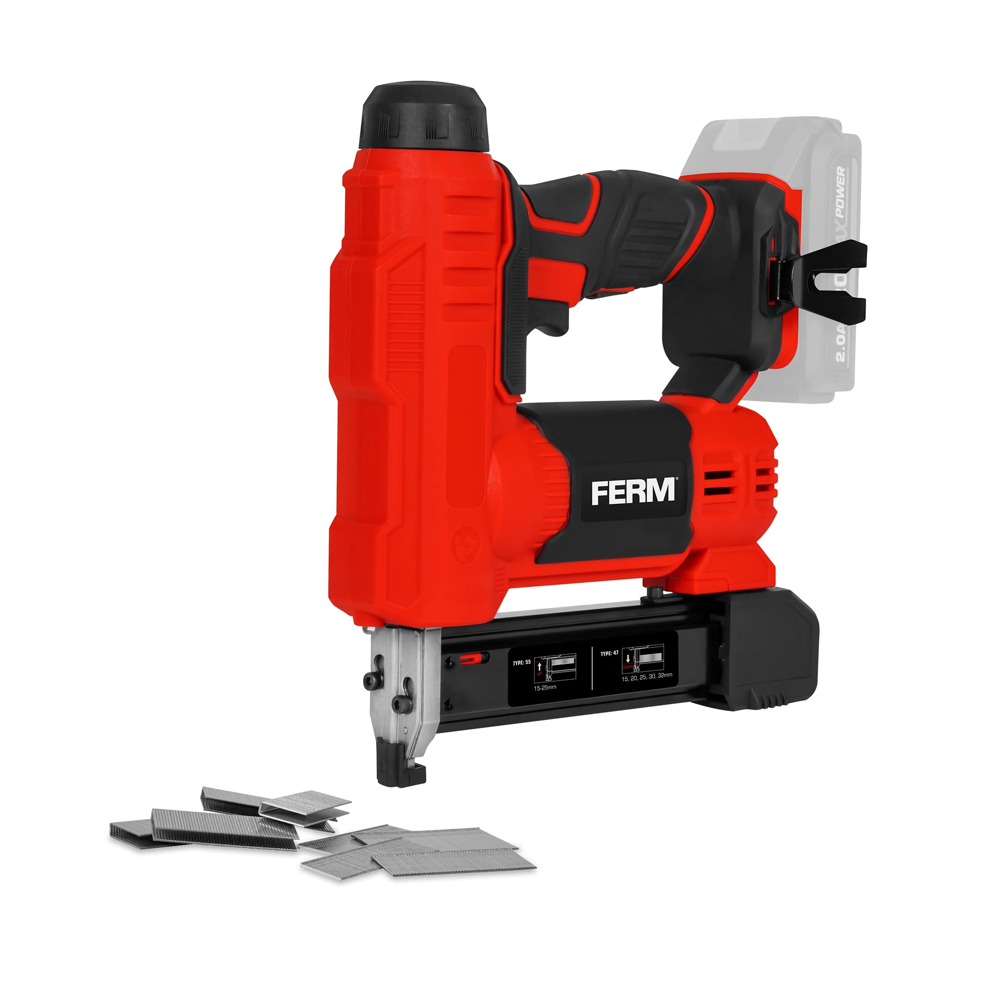 FERM AX-Power Agrafeuse sans fil 20 V - Capacité : 30 coups/min - Chargeur pour 100 agrafes - Pour clous et agrafes - Lampe de travail LED - Poignée souple - Sans batterie ni chargeur