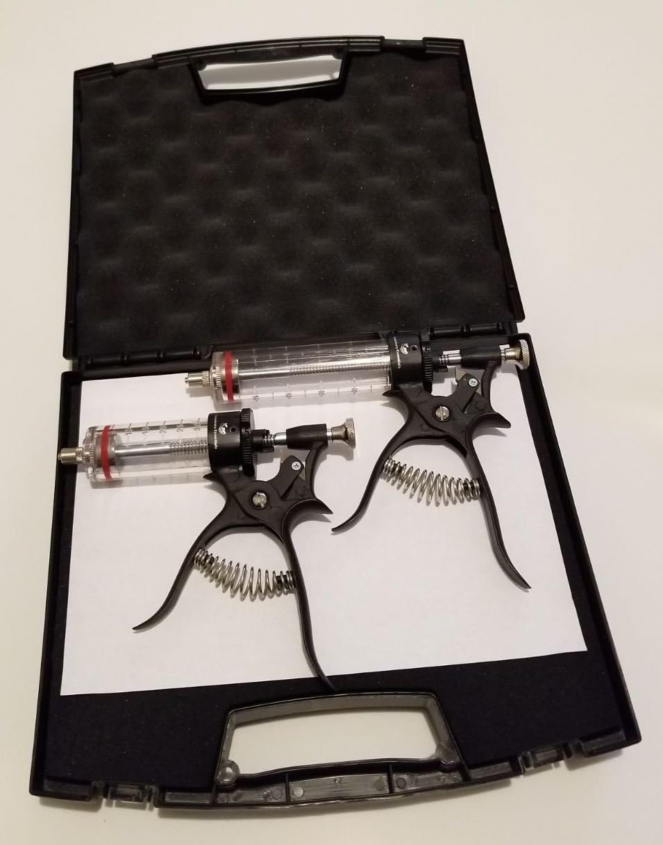 2 PCS Multidose Automatic Adjustable Dose Gun Syringe 30mL, 50mL Livestock Veterinary + Protective Locking Carrying Case