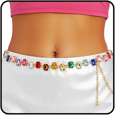 ELABEST Rainbow Belt Chain Colorful Waist Chains Rhinestone Gold Jewelry for Women