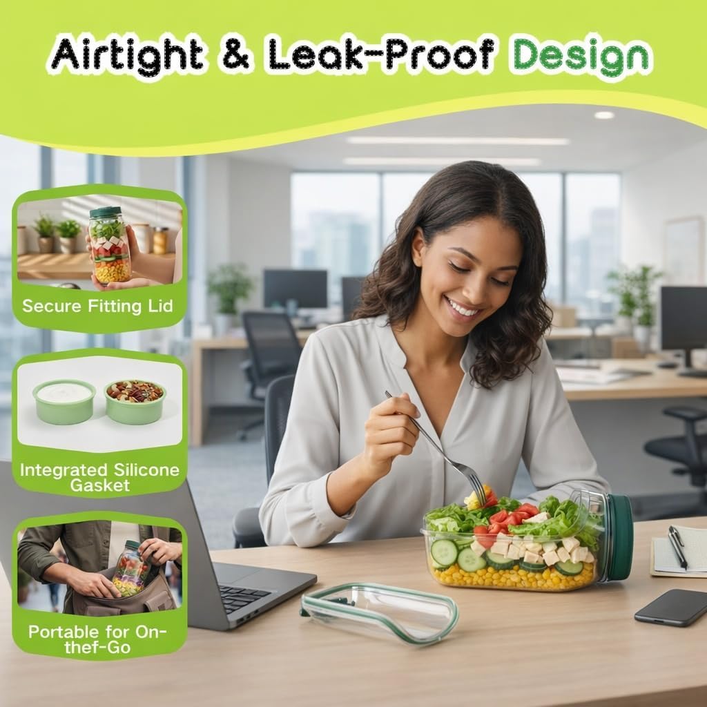 Salad Bowl Jar with Lid, Side Opening Salad Pod Lunch Solution, Free Food Grade Salad Container with Leakproof Dressing Cup, Meal Prep for Work, Gym,On The Go (Basic Set(2PCS Salad Pod + Cutlery))