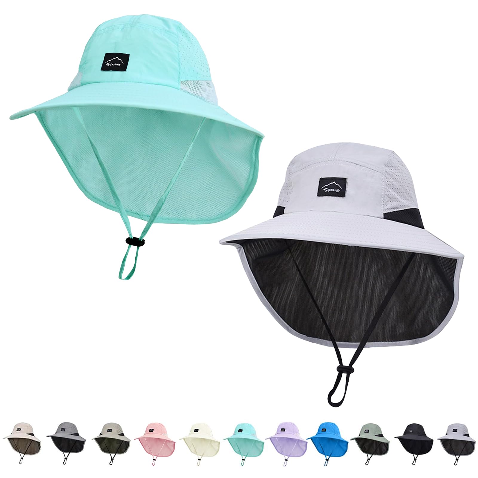 Outdoor Kids Sun Hat with Neck Flap UPF 50+ Quick Dry Beach Hats for Baby Boys Girls Age 2-12 Years Adjustable 2pack-lightgrey+skyblue