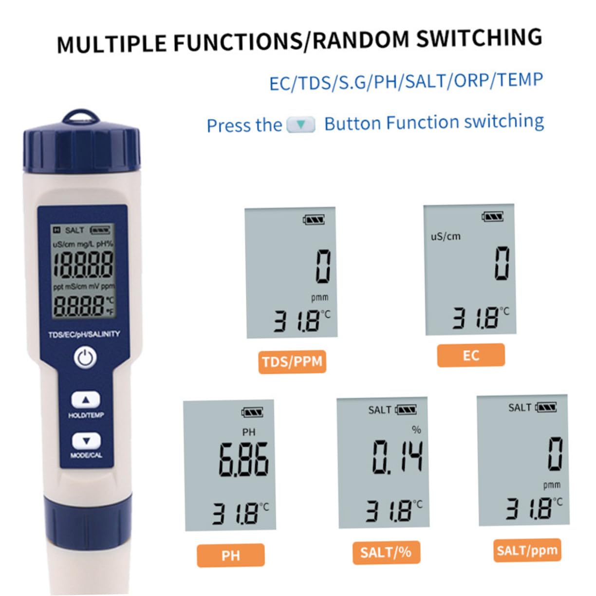 Didiseaon Medidor Digital de Salinidad Tipo Bolígrafo Sensor de Sonda, Medición Ph y Salinidad, para Análisis de Agua y Acuario, Plástico