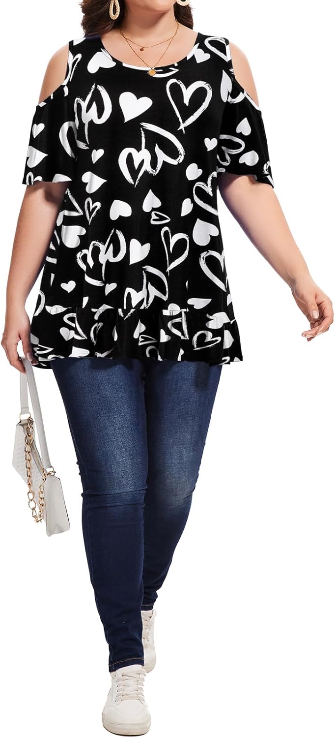 LARACE Plus Size Cold Shoulder Tops For Curvy Women Summer Short Sleeve Tunics Dressy Casual Shirts Loose Fit Pleated Blouses - Image 6
