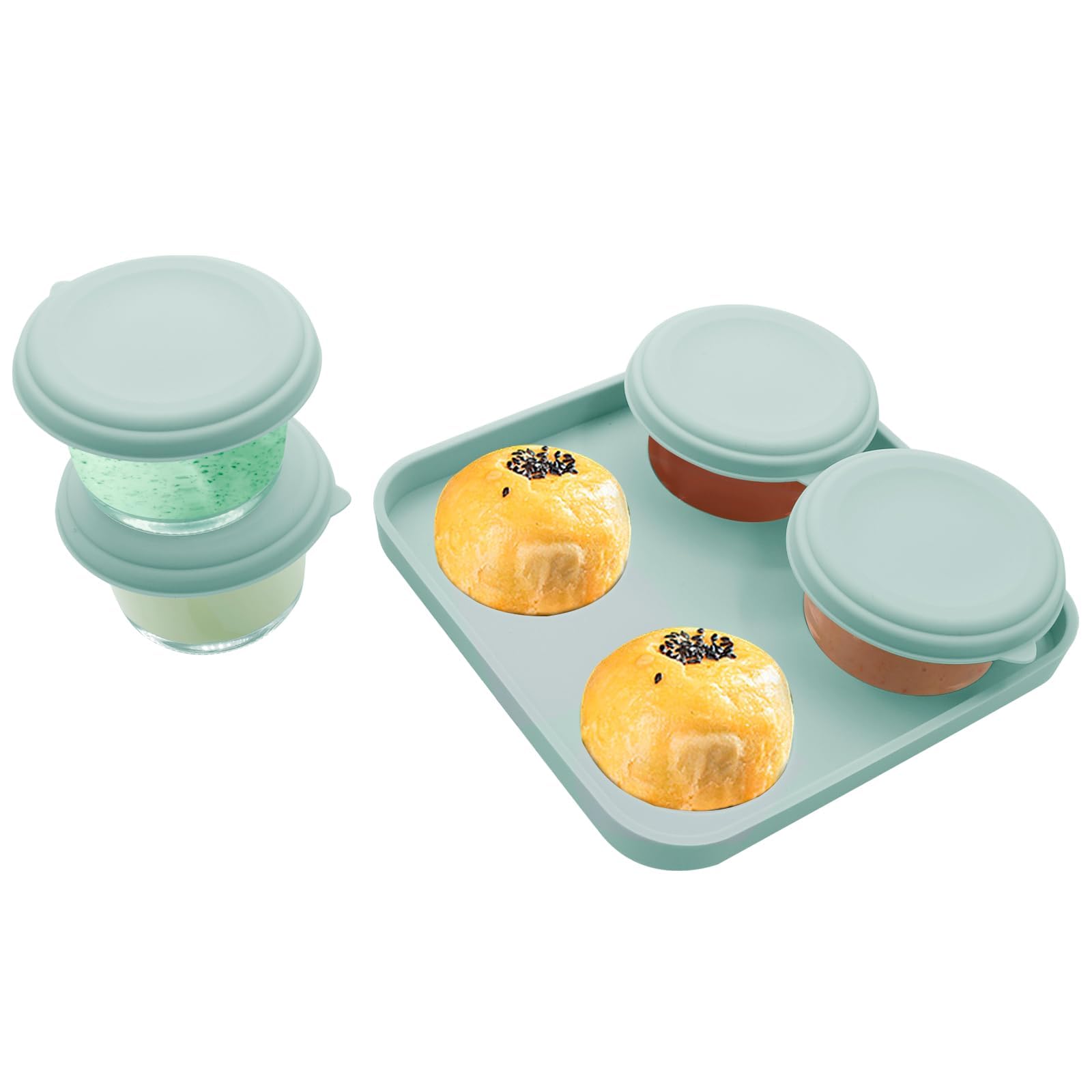 4-Piece 4.5oz Glass Food Storage Containers, Round Glass Salad Dressing Container To Go, Reusable Glass Sauce Cups Containers, Leakproof Silicone Lids, BPA-Free(Light Green)