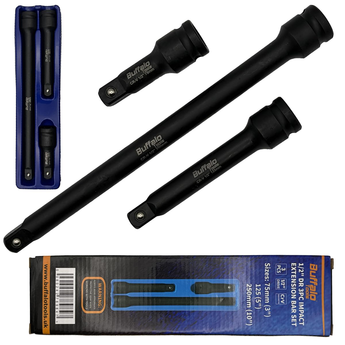 Buffalo Tools 1/2" Drive Impact Extension Bar Set, 3 Piece, 75mm, 125mm, 250mm
