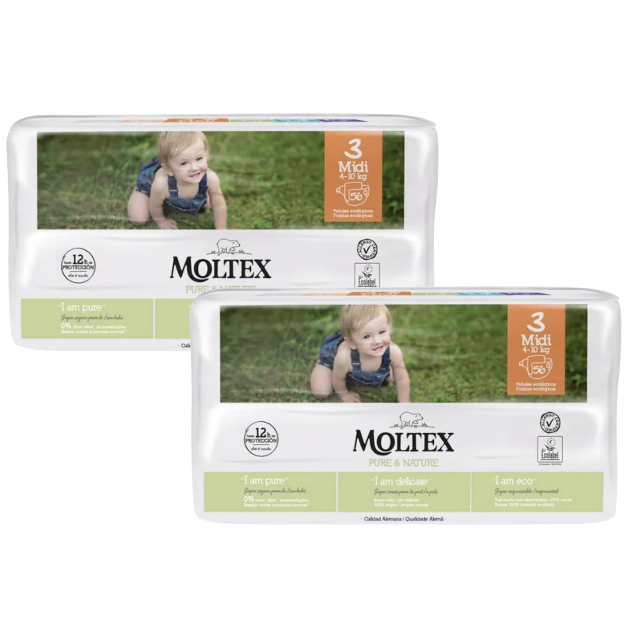 Pañales Infantiles Ecológicos Pure&Nature. Pañales Desechables. Pañales con Tecnología de Sequedad Instantánea. Hasta 12 Horas Seco. (2 Paquetes, Talla 3)