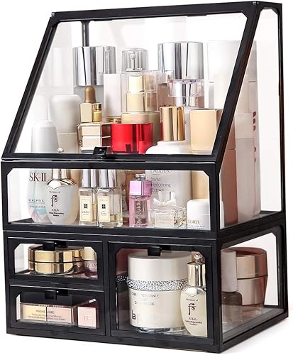 Miniatura 4 de MOOCHI Organizador de maquillaje cosmético de vidrio vintage negro con 3 cajones, juego de polvo impermeable para cosméticos, vitrina de