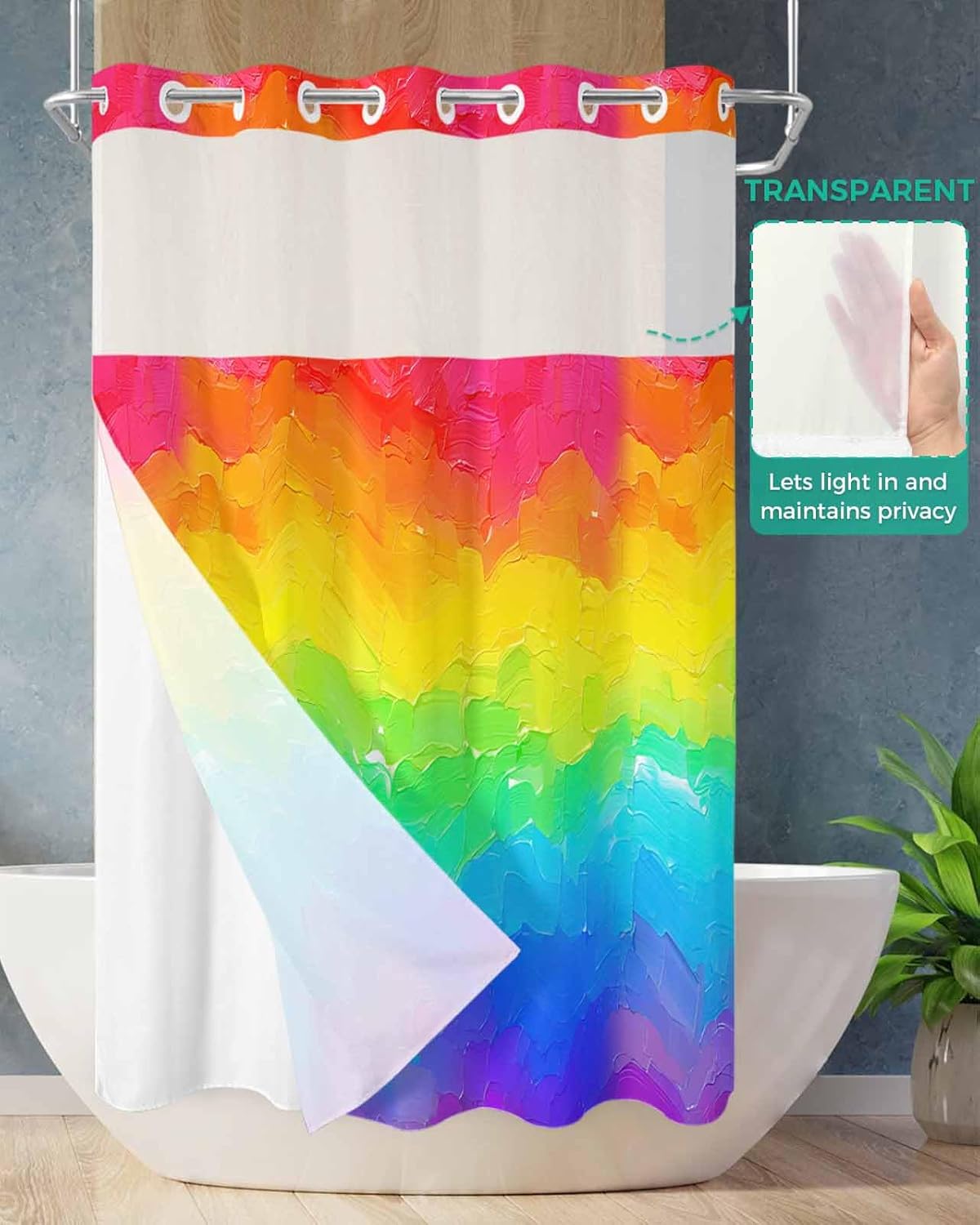 No Hook Shower Curtains with Snap in Liner, Rainbow Oil Painting Waterproof Fabric Shower Curtain, Watercolor Colorful Abstract Art Double Layers & See-Through Top Window Bathroom Curtains 36''x72''