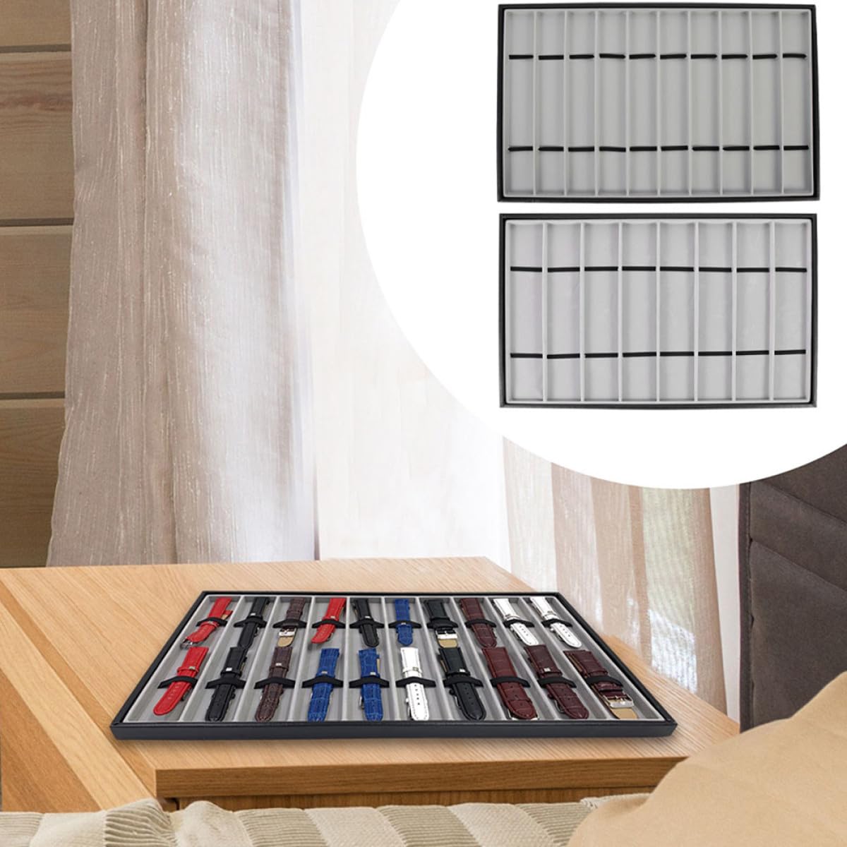 IMIKEYA Plateaux de Rangement pour Bracelets de Montre Rectangulaires en Simili Cuir Noir Intérieur en Velours Gris, Organisation 10 8 Compartiments, Présentoir Pratique