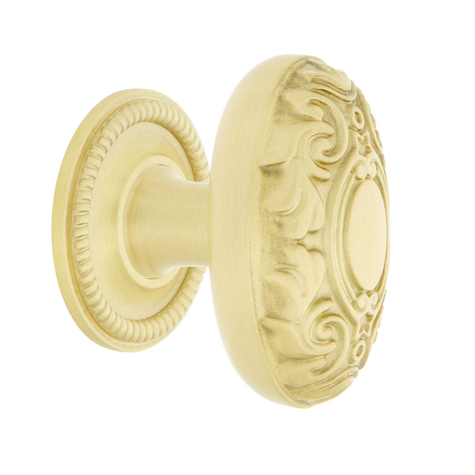 NostalgicWarehouse 769575 Victorian 1 3/4" Knob with Rope Rose in Satin Brass Cabinet Hardware