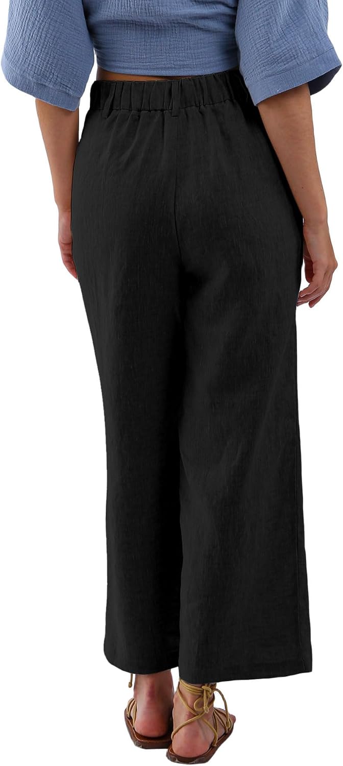 Amazhiyu Women's 100% Linen Summer High-Waisted Wide Leg Pants with Pockets Black, Small - Image 2