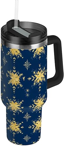 Botella de agua reutilizable al vacío con diseño de flores vintage azules y doradas para la escuela con pajilla, resistente a las fugas, taza