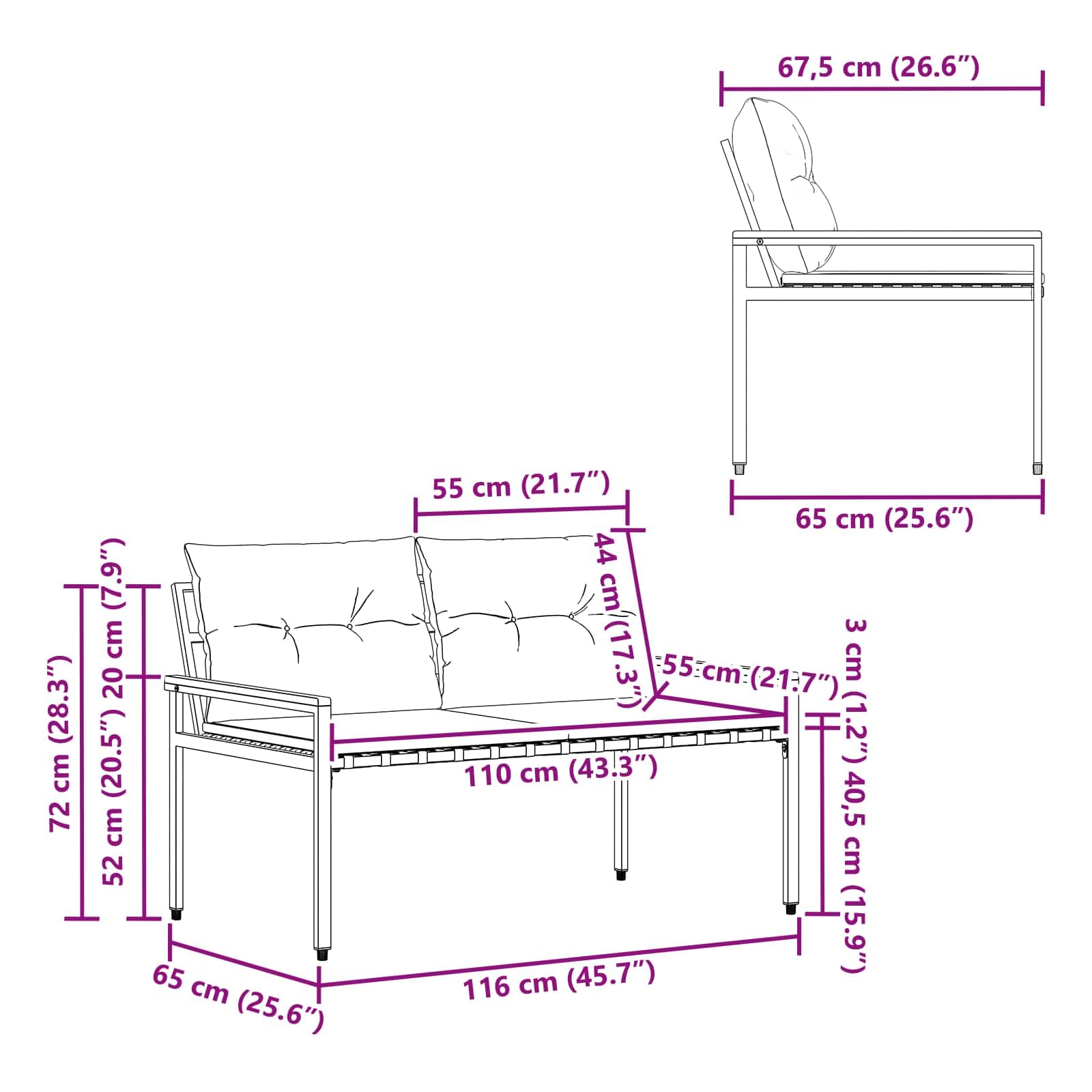 Ławka ogrodowa 2-osobowa, odporna na warunki atmosferyczne, z polirattanu, ze stołem z drewna akacjowego, 116 x 67,5 x 72 cm, stabilne siedzisko na taras, balkon, do ogrodu i na zewnątrz