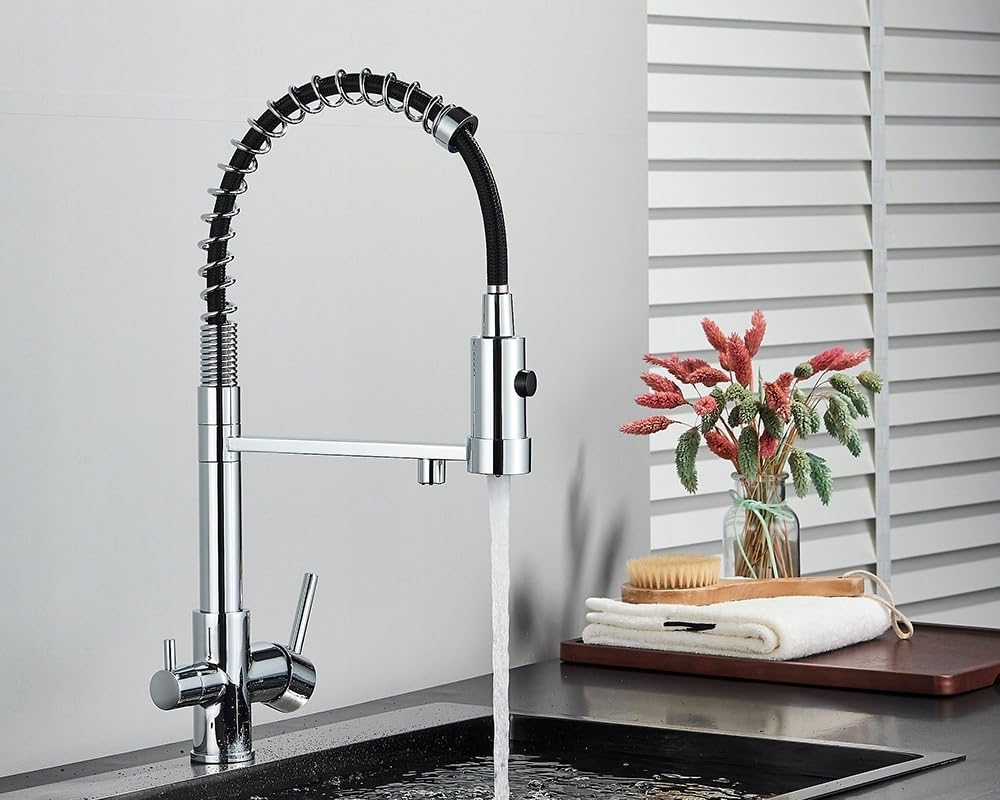 Ari Rubinetto da cucina a 3 vie con doccetta estraibile, molla a spirale Solid Spring, in set con filtro dell'acqua, nano-filtrazione, sistema per acqua potabile Nano Pad (cromato)