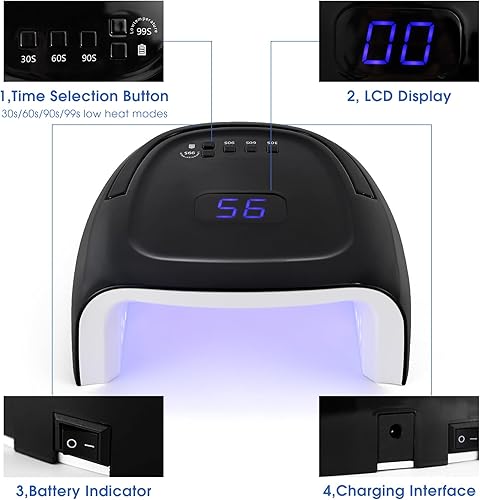 Miniatura 3 de Lámpara de uñas LED UV recargable, secadora de uñas inalámbrica de 60 W, luz LED de esmalte de gel con pantalla LCD, sensor automático y 4 ajustes