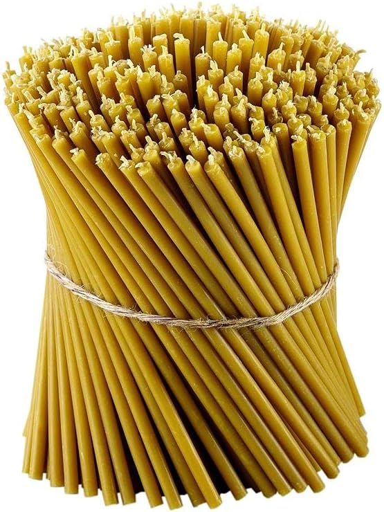 Pure Beeswax Candles - Honey-Scented, Decorative Thin Taper Candles - Ideal for Birthday Decoration or Church Prayers - Yellow Drip Free, Tall & Smokeless Pack of 300 pcs, 8.1 x 0.26 inch