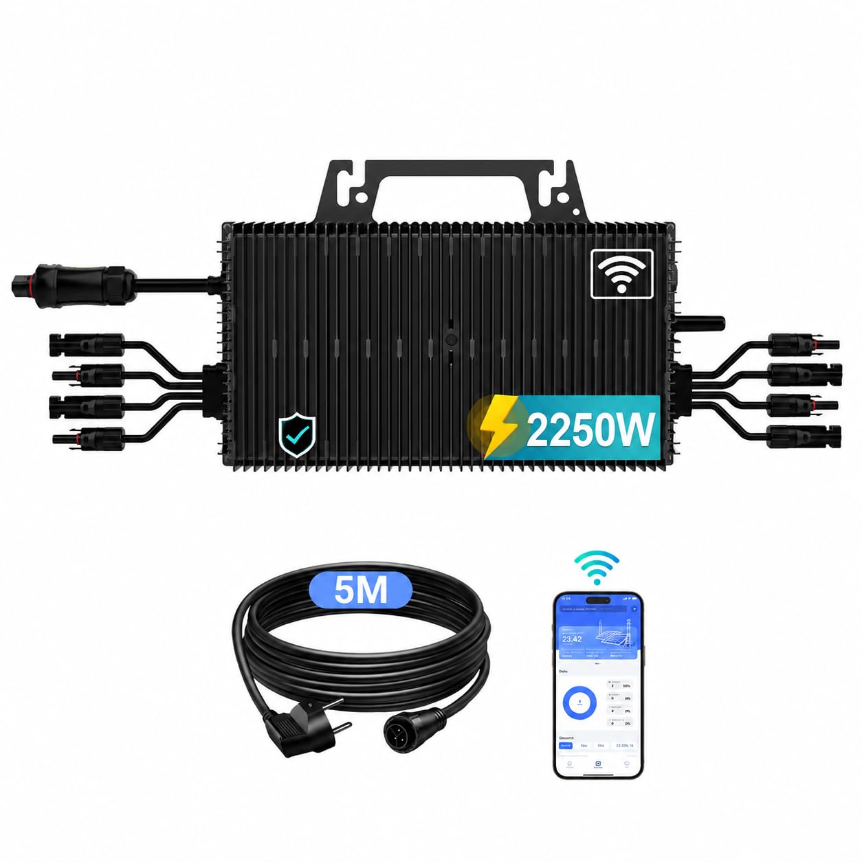 Mikro Wechselrichter 2250W mit 4 MPPT, WLAN, IP67, Balkonkraftwerk | Plug & Play mit 5 m AC-Kabel, bis zu 96 % Wirkungsgrad und App-Steuerung