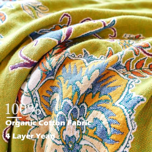 Boho Throw Blanket, 100% Organic Cotton Breathable Ultra Soft Bed Quilt Throw - All Season Luxury Floral Farmhouse Decor Blanket for Sofa Couch Chair and Gift. 91" x 98"-Green/Blue