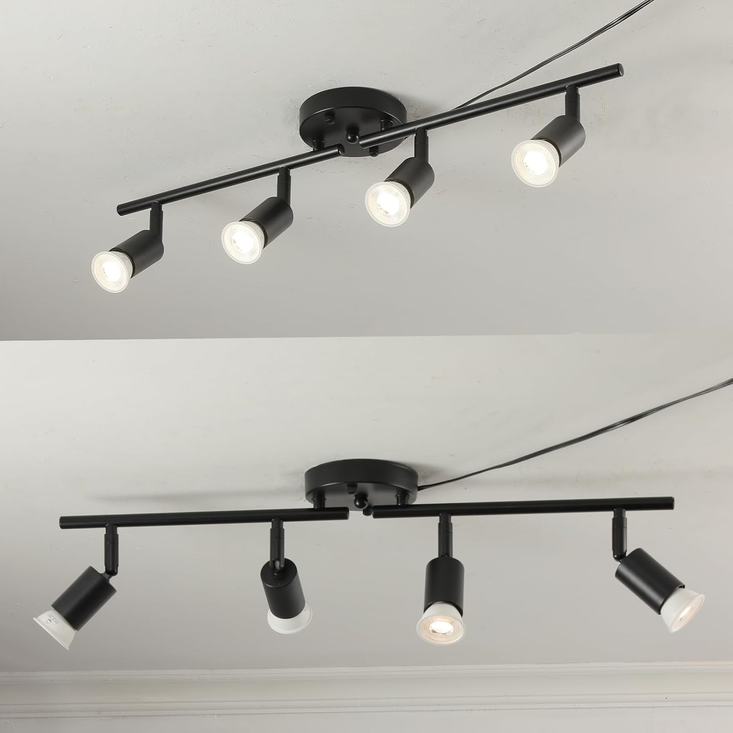 Dimmable Plug in Track Light Black 4 Light Plug in Ceiling Lighting Fixture with 16.4' Long Cord,4 Way Ceiling Spotlight,Rotatable Wall Mount Light Head,LED dimmable Spot Bulbs Included