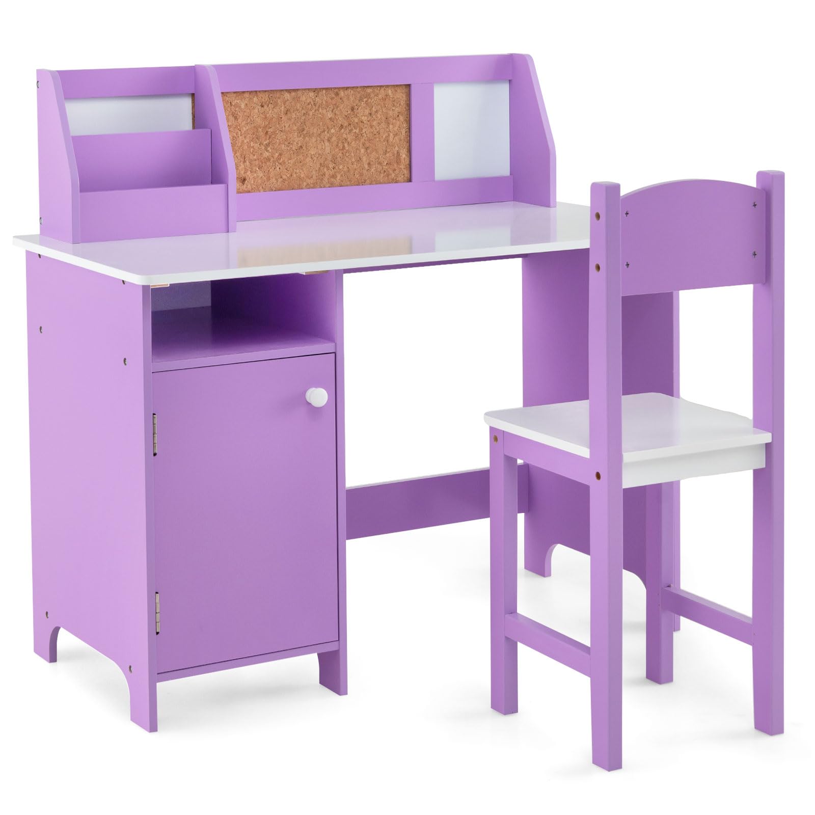 RELAX4LIFE Scrivania per Bambini con Sedia, Tavolo in Legno con Libreria, Armadietto, Pennarello, Bacheca e Lavagna, Postazione Computer per Studenti e Tavolo da Scrittura per 3+ Anni (Viola)