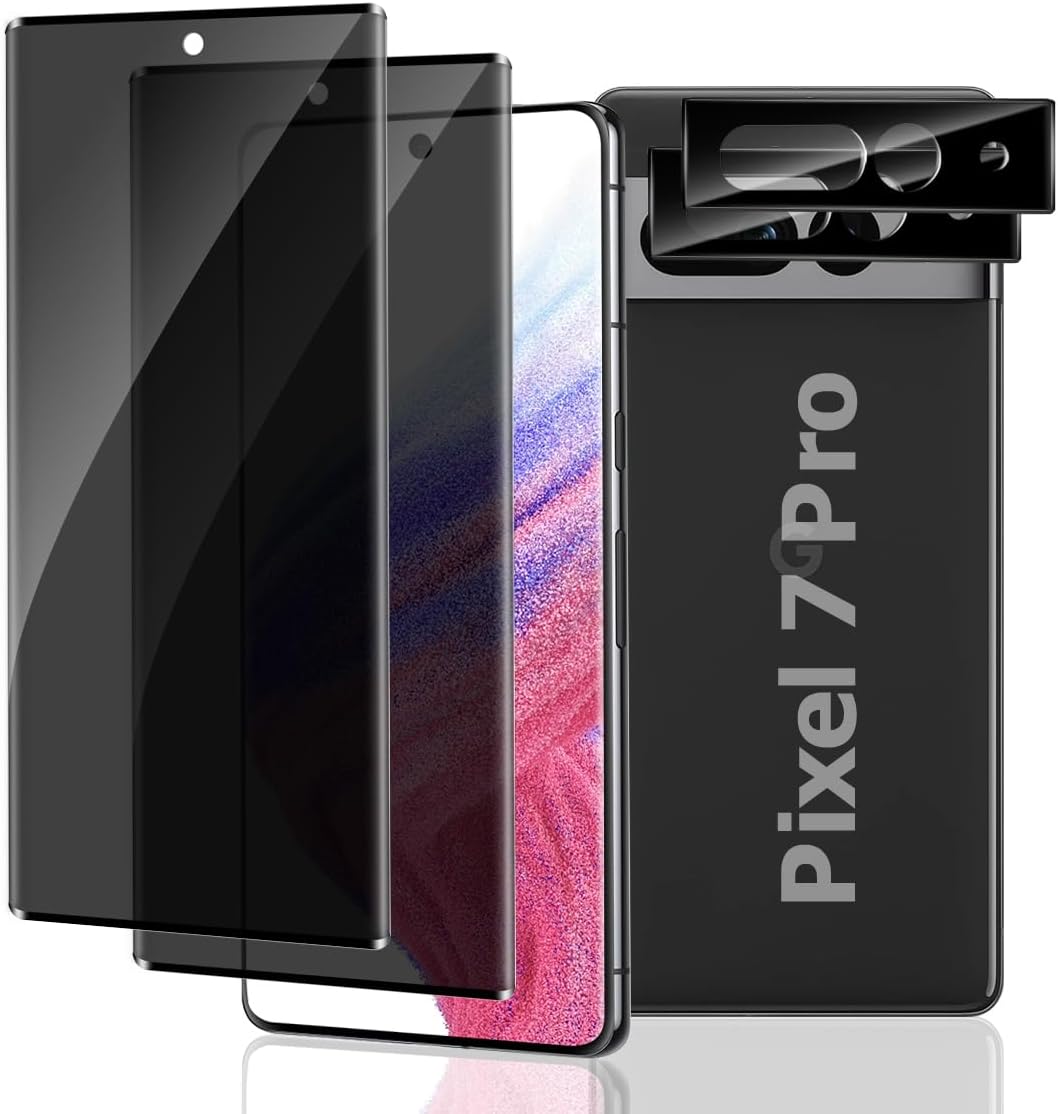 [2+2 packs] Pixel 7 Pro Privacy Tempered screen protector + camera lens protector, anti-spy tempered glass, support fingerprint unlock, easy installation, no bubbles, suitable for Pixel 7 Pro screen protector (6.7 inches)