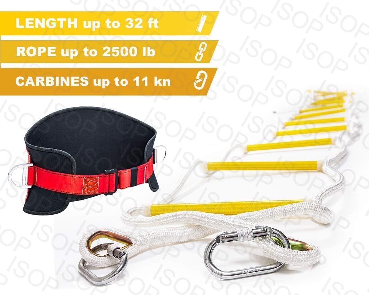 ISOP Fireproof Rescue Ladder 32ft (10m) for 4 Storey Houses - Fire Ladders with Hook and Safety Belt - Quick to Install and Easy to Use