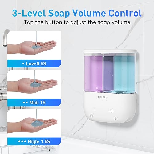 Miniatura 4 de Dispensador de jabón automático doble montado en la pared sin contacto - 2 x 17 onzas líquidas. Dispensador de jabón líquido recargable de cámaras