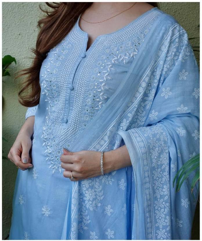 Image of ZANETA Women's Rayon Round Neck 3 /4 Sleeves Embroidery Traditional Straight Kurta and Pant Set with Dupatta for Ladies