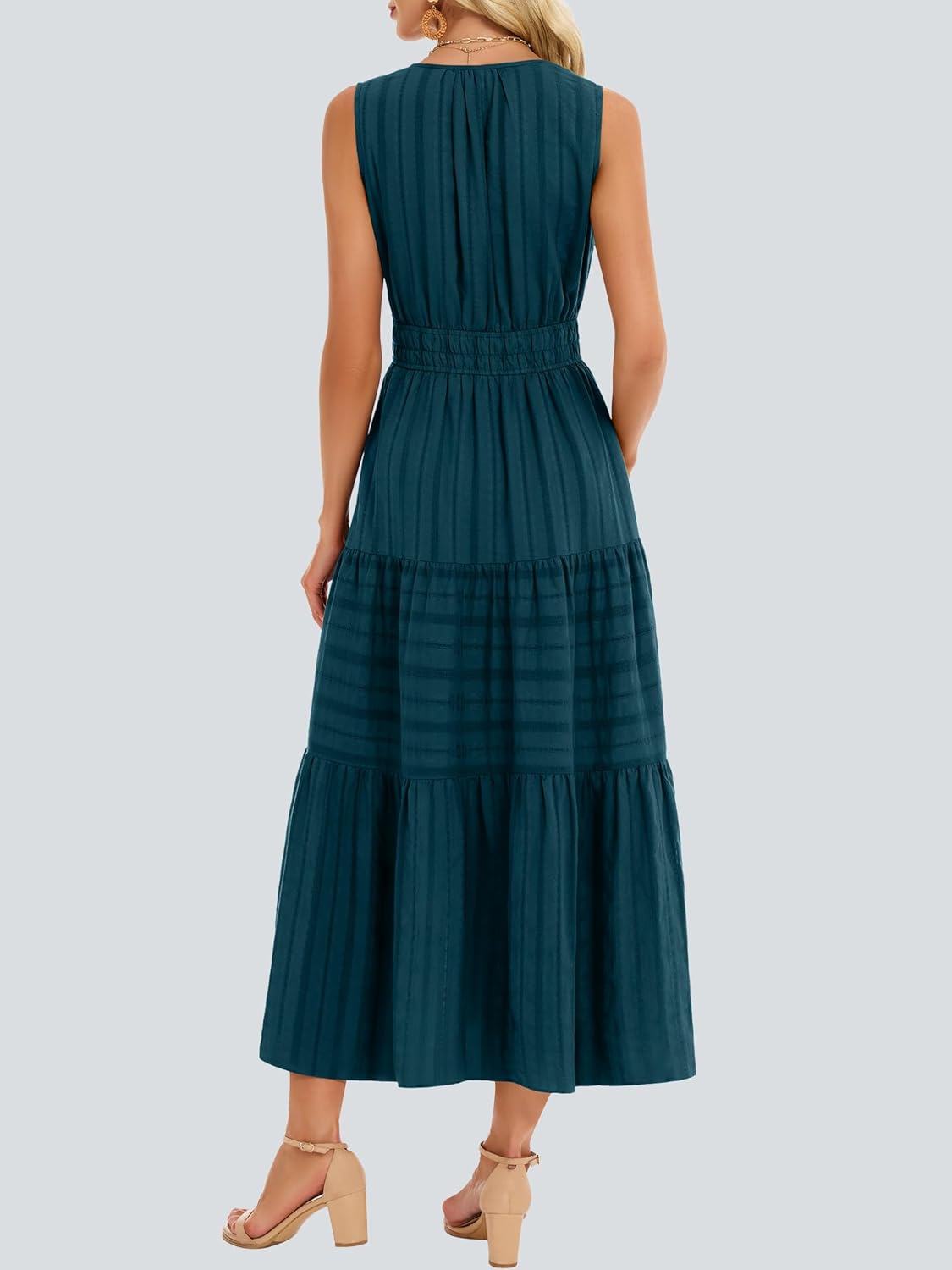 Funlingo Summer Maxi Dresses for Women Casual Sleeveless V Neck Elastic Waist Midi Wedding Guest Beach Dress with Pockets