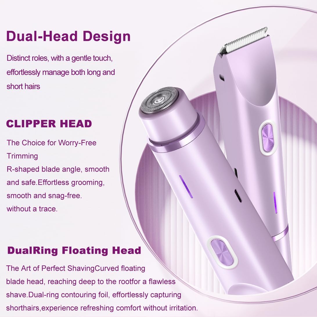 Women's Electric Shaver Bikini Trimmer for Women Razors 2-in-1 Dual Head Design IPX7 Waterproof Wet & Dry Use Body Groomer Hair Trimmer Remover for Facial Underarm Arm Face Leg Bikini (Purple) - Image 3