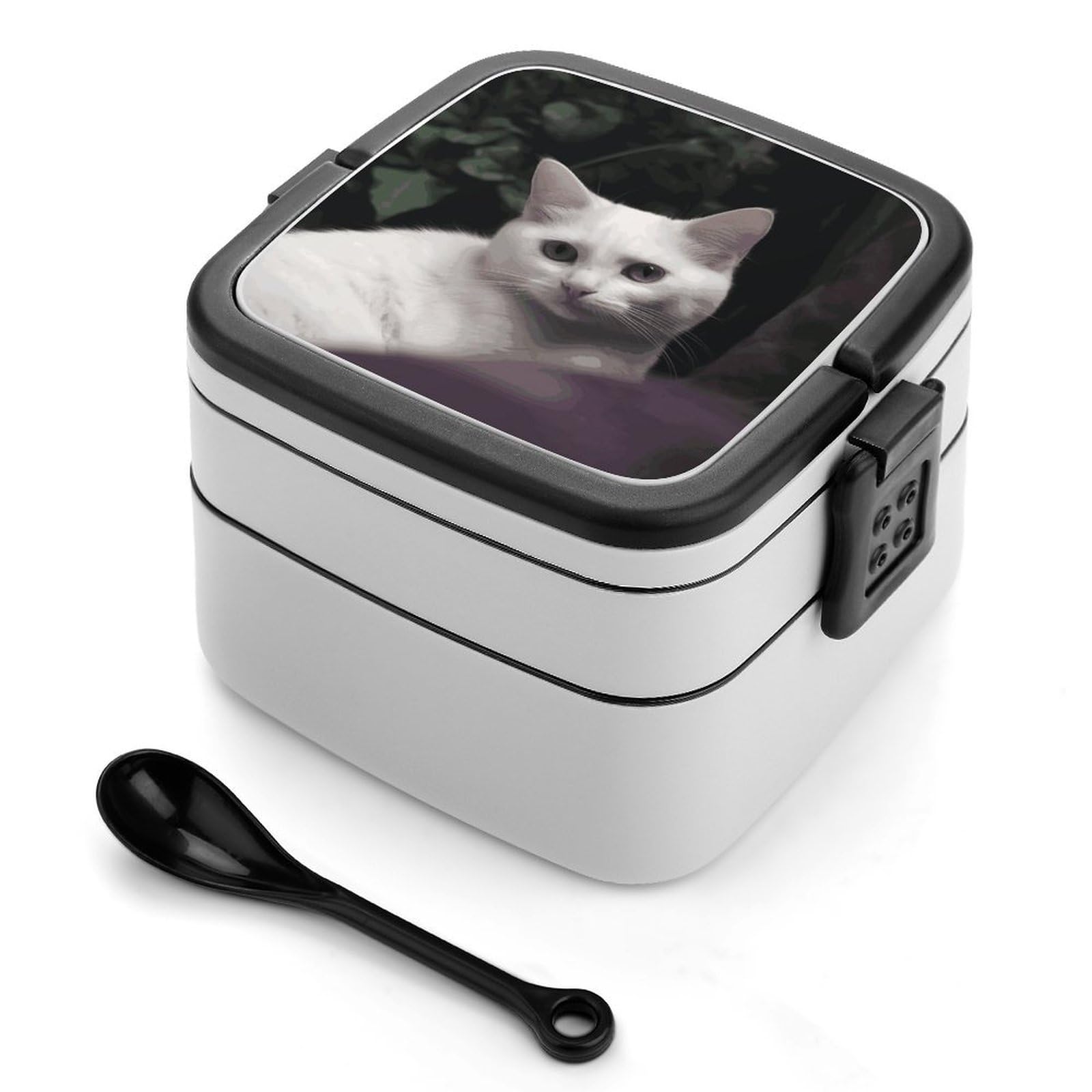 JTREHY White Cat Lunch Box Double-Layer Portable Lunch Container Stackable Large Capacity Leakproof Bento Box for Dining Out Work Picnics Travel