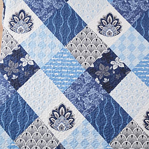Full/Queen Size Quilt Set 3 Pieces Lightweight Reversible Bedspread-90''x98'' Soft Patchwork Floral Coverlet Luxurious Warm Microfiber Bed Cover All Seasons Blue Bedding Set(1 Quilt,2 Pillow Shams)